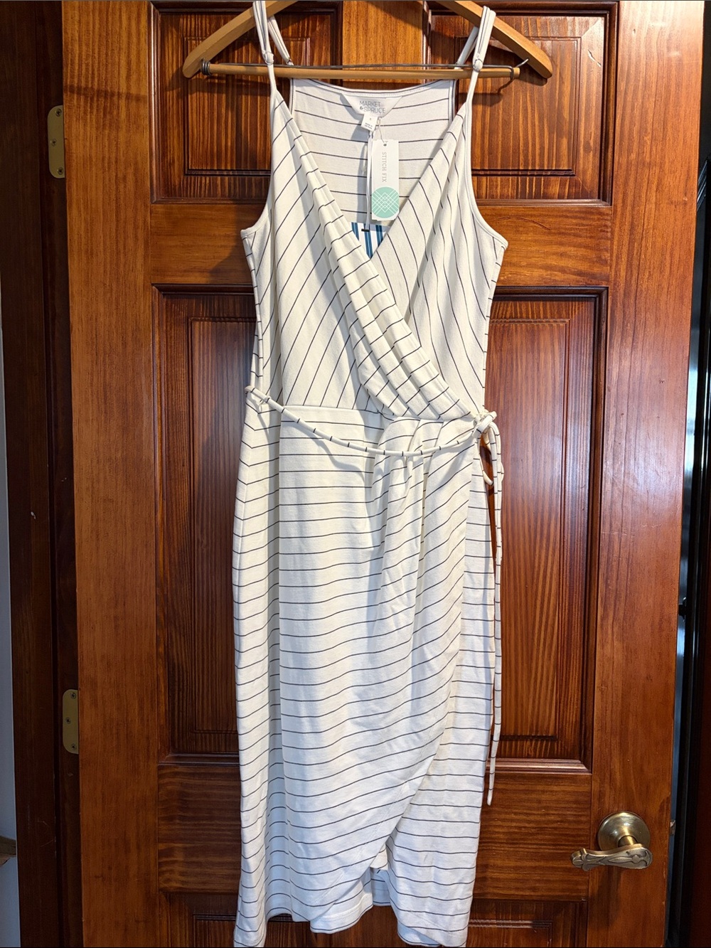 NWT White black striped faux wrap dress sz Medium